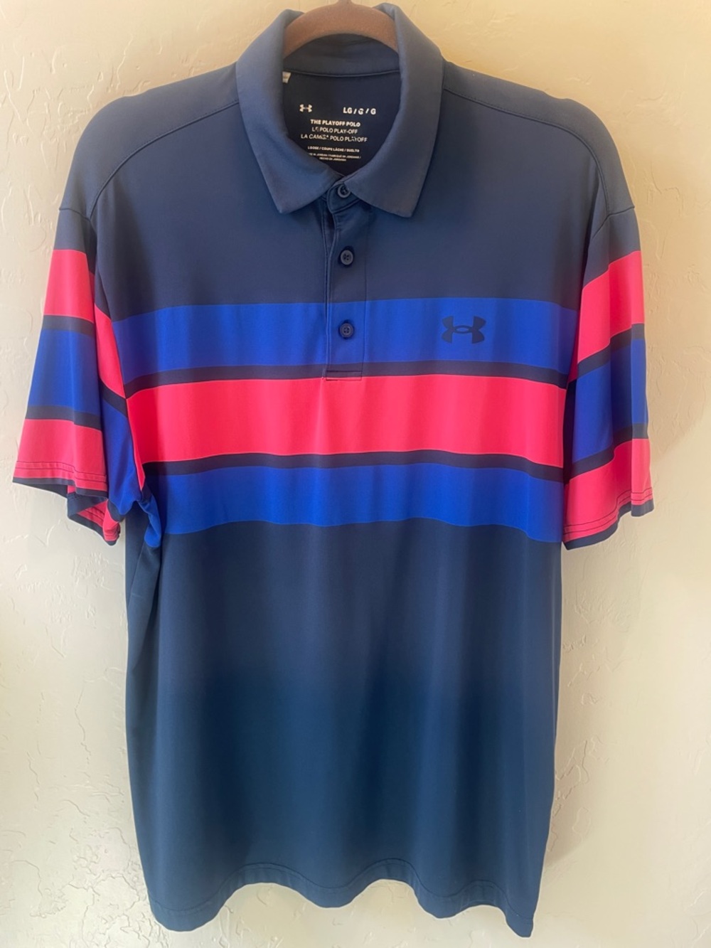Size L Under Armour Men’s Navy Polo with Royal Blue and Coral Stripes